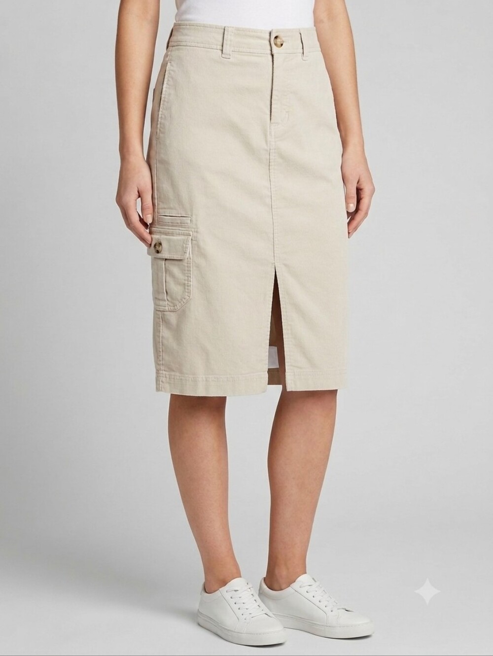 Eddie Bauer Beige Corduroy Midi Skirt Cargo Utility Front Slit Size 2